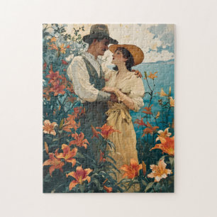 Romantic Couple in Vintage Lily Field Jigsaw Puzzle