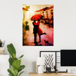 Romantic Couple Kissing Under The Umbrella Poster