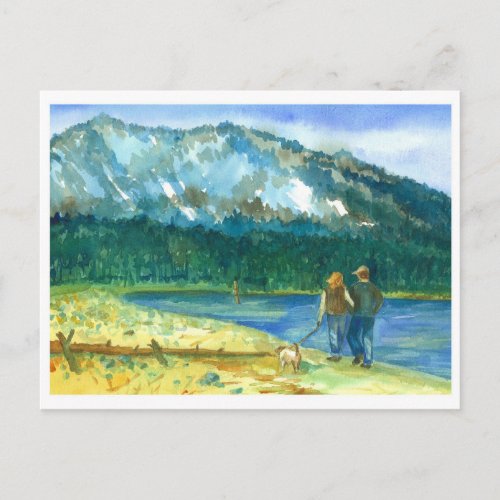 Romantic Couple Love Winter Lake Walk Watercolor Postcard