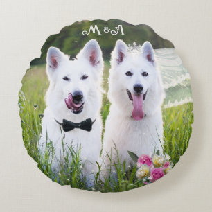 Romantic couple of dogs geting married round pillow