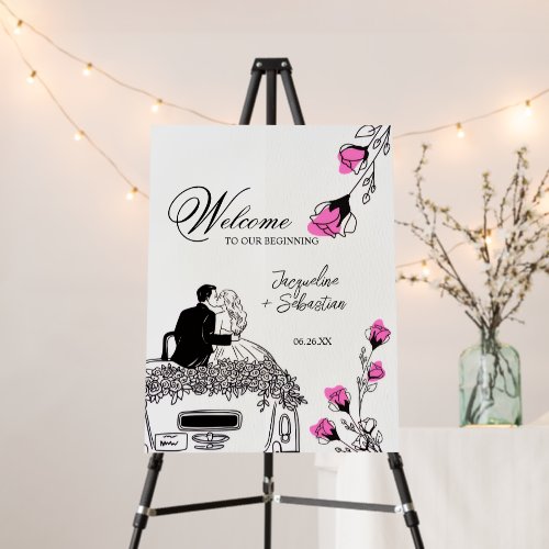 Romantic Couple on Car Wedding Welcome Foam Board