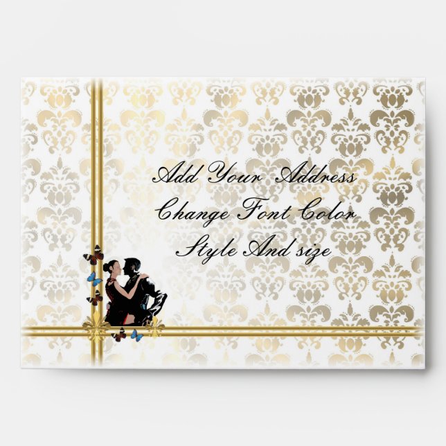 Romantic couple on white damask envelope (Front)