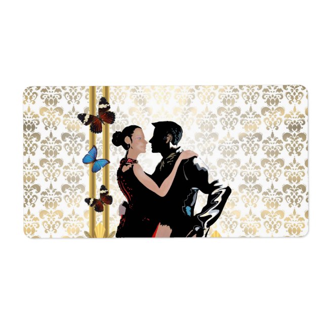 Romantic couple on white damask label (Front)