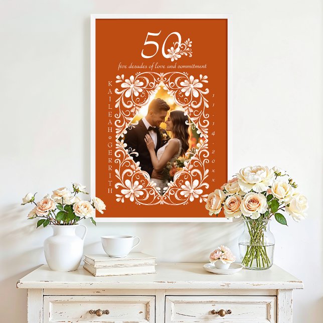 Romantic Couple Photo 50 Anniversary Burnt Orange Framed Art (Creator Uploaded)