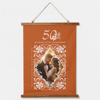 Romantic Couple Photo Burnt Orange 50 Anniversary Hanging Tapestry