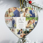Romantic Couple Photo Collage Heart Christmas Ceramic Ornament<br><div class="desc">This beautiful newlywed couple keepsake heart shaped Christmas ornament gift features a classy layout of 5 wedding photos on a white background with the married couple's names, location, and date. A wonderful commemorative holiday photo gift for your wife or husband to treasure forever. Add a full photograph on the back....</div>