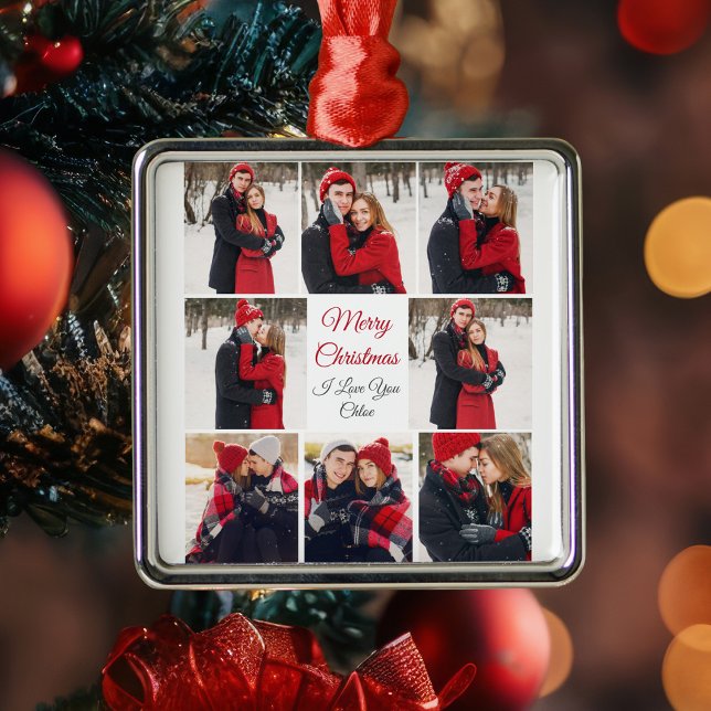 Romantic Couple Photo Collage Merry Christmas Metal Ornament (Creator Uploaded)