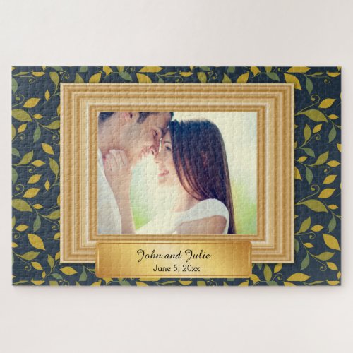 Romantic Couple Photo Navy Blue Green Leaves  Jigsaw Puzzle