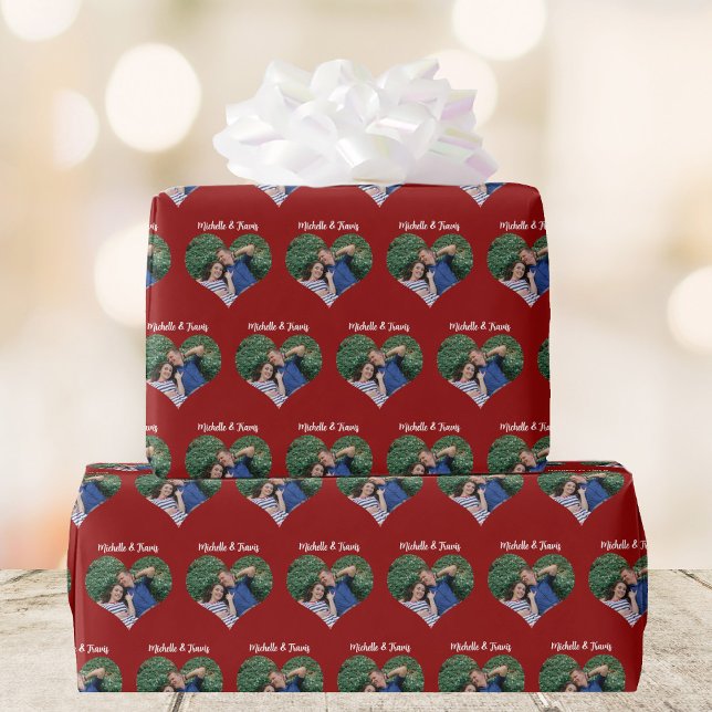 Romantic Couple Photo Red Heart Valentine's Day Wrapping Paper (Creator Uploaded)