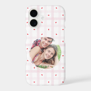 Romantic Couple Picture Cute Pink Gingham Hearts iPhone 17 Case