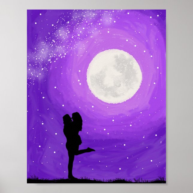 Romantic Couple Purple Night Full Moon Stars Date Poster (Front)