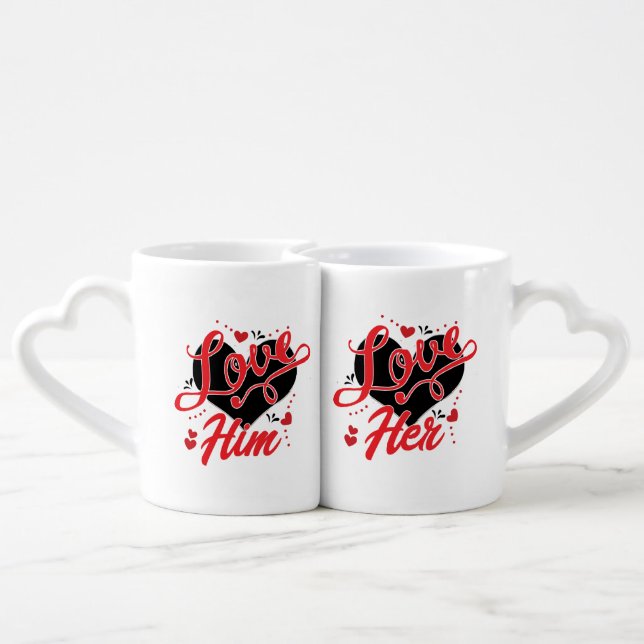 Romantic Couple Red Heart For Valentine's Day Coffee Mug Set (Back Nesting)