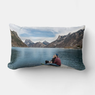 Romantic Couple Relaxing on Lake Dock Lumbar Pillow