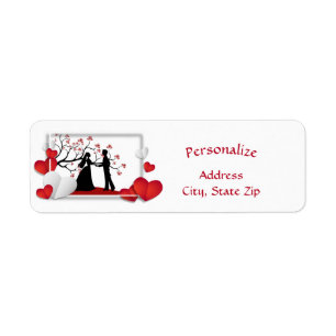 Romantic Couple Silhouette Red Hearts Personalize Label