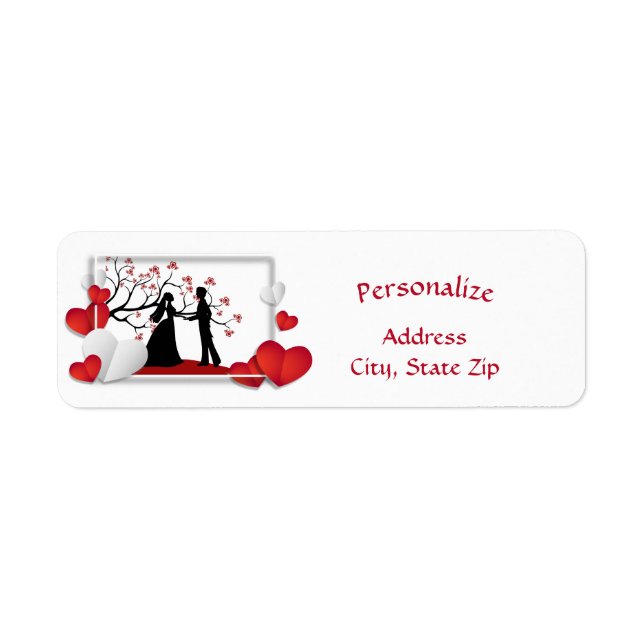 Romantic Couple Silhouette Red Hearts Personalize Label (Front)
