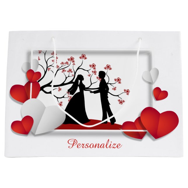Romantic Couple Silhouette Red Hearts Personalize Large Gift Bag (Front)