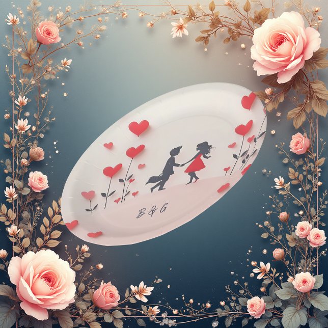 Romantic Couple Silhouette red hearts wedding Paper Plates (Creator Uploaded)