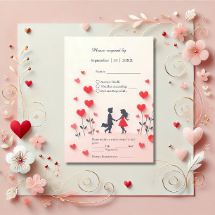 Romantic Couple Silhouette red hearts wedding RSVP Card