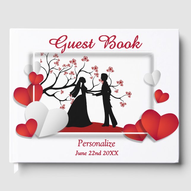Romantic Couple Silhoutte Red Hearts Personalize Guest Book (Front)