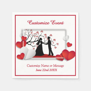 Romantic Couple Silhoutte Red Hearts Personalized Napkins