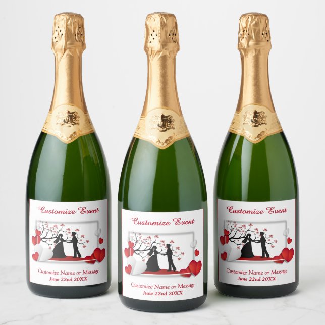 Romantic Couple Silhoutte Red Hearts Personalized Sparkling Wine Label (Bottles)