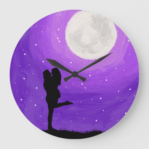 Romantic Couple Stars Full Moon Purple Night Date Large Clock