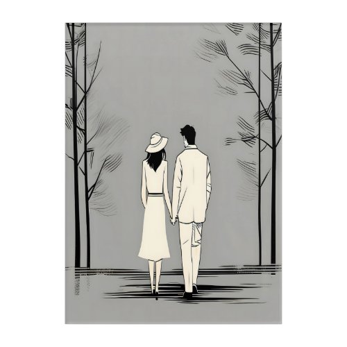 Romantic Couple Stroll Minimalist Line Acrylic Art