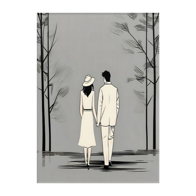 Romantic Couple Stroll Minimalist Line Acrylic Art (Front)