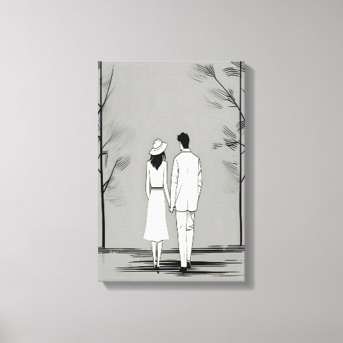 Romantic Couple Stroll Minimalist Line Art Canvas Print