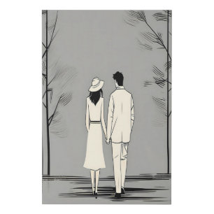 Romantic Couple Stroll Minimalist Line Art Faux Canvas Print