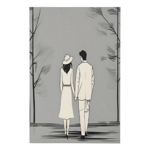 Romantic Couple Stroll Minimalist Line Art Faux Canvas Print