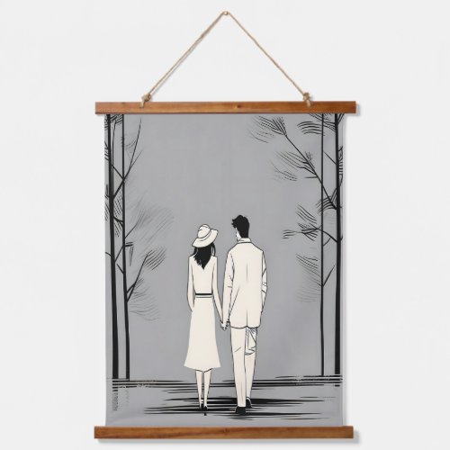 Romantic Couple Stroll Minimalist Line Art Hanging Tapestry