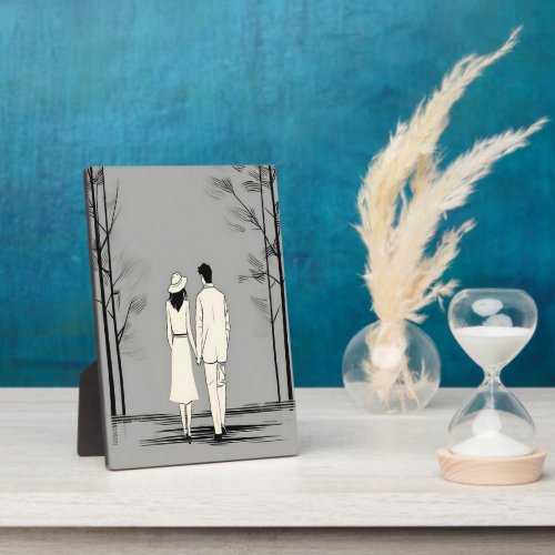 Romantic Couple Stroll Minimalist Line Art Plaque