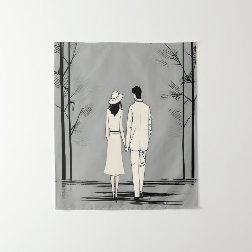 Romantic Couple Stroll Minimalist Line Art Tapestry