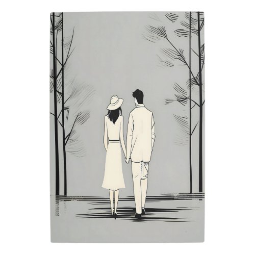 Romantic Couple Stroll Minimalist Line Metal Art