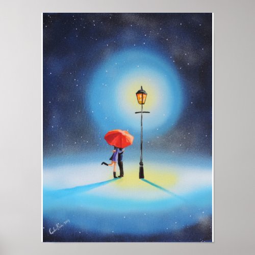 Romantic couple under a street lamp poster