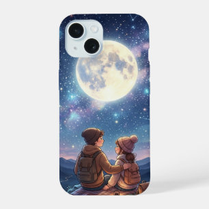 Romantic Couple Under Full Moon and Starry Galaxy  iPhone 15 Case