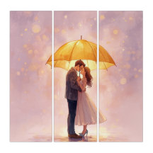 Romantic Couple Under Glowing Umbrella Triptych Ca
