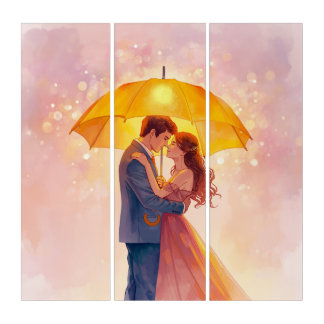 Romantic Couple Under Umbrella Triptych Canvas Pri