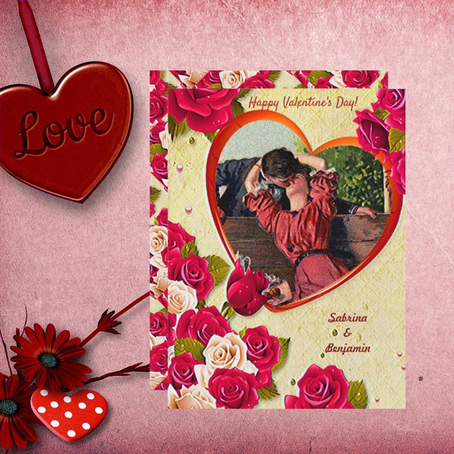 Romantic Couple Vintage Valentine Heart and Roses Card (Creator Uploaded)