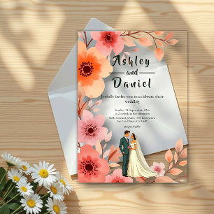 Romantic Couple Watercolor Floral Summer Wedding Acrylic Invitations