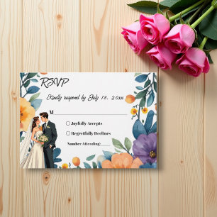Romantic Couple Watercolor Floral Summer Wedding RSVP Card