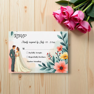 Romantic Couple Watercolor Floral Summer Wedding RSVP Card