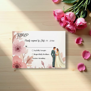 Romantic Couple Watercolor Floral Summer Wedding RSVP Card