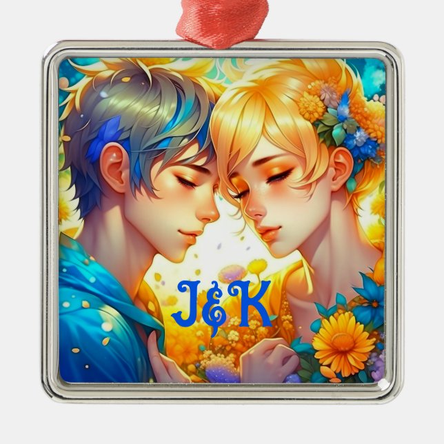 Romantic Couple's Gift | Personalized Anime Metal Ornament (Front)