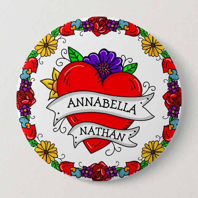 Romantic Couple's Gift | Tattoo Style Art     Button (Front)