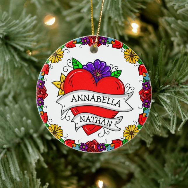 Romantic Couple's Gift | Tattoo Style Art Ceramic Ornament (Tree)