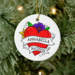 Romantic Couple's Gift | Tattoo Style Art  Ceramic Ornament<br><div class="desc">Graffiti or tattoo style artwork with a cartoon heart and roses and other flowers with personalized couple's names,  and the words,  "always and forever" on the back.</div>