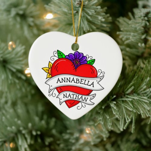 Romantic Couple's Gift | Tattoo Style Art    Ceramic Ornament