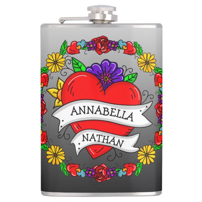 Romantic Couple's Gift | Tattoo Style Art     Flask (Front)